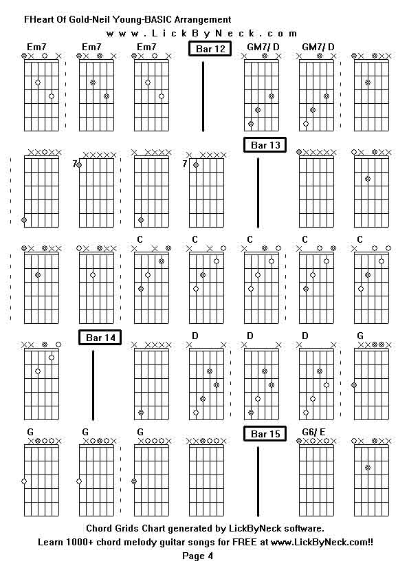 Chord Grids Chart of chord melody fingerstyle guitar song-FHeart Of Gold-Neil Young-BASIC Arrangement,generated by LickByNeck software.